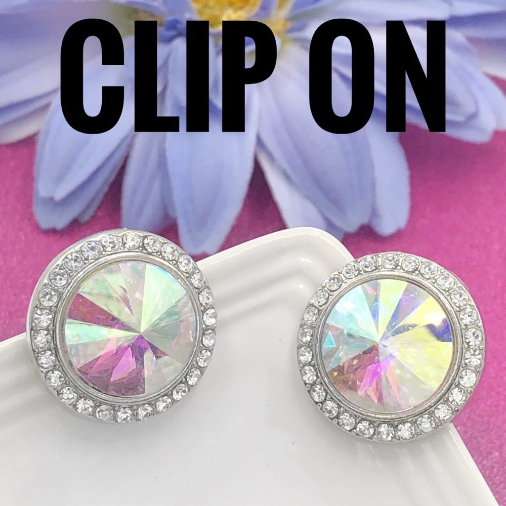 AB Iridescent Rhinestone Clip on Earrings